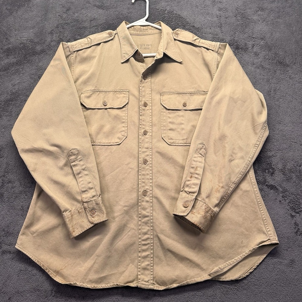 Vintage Military Workwear Shirt 17x34 L/XL Khaki Poplin Cotton Twill Uniform 50s